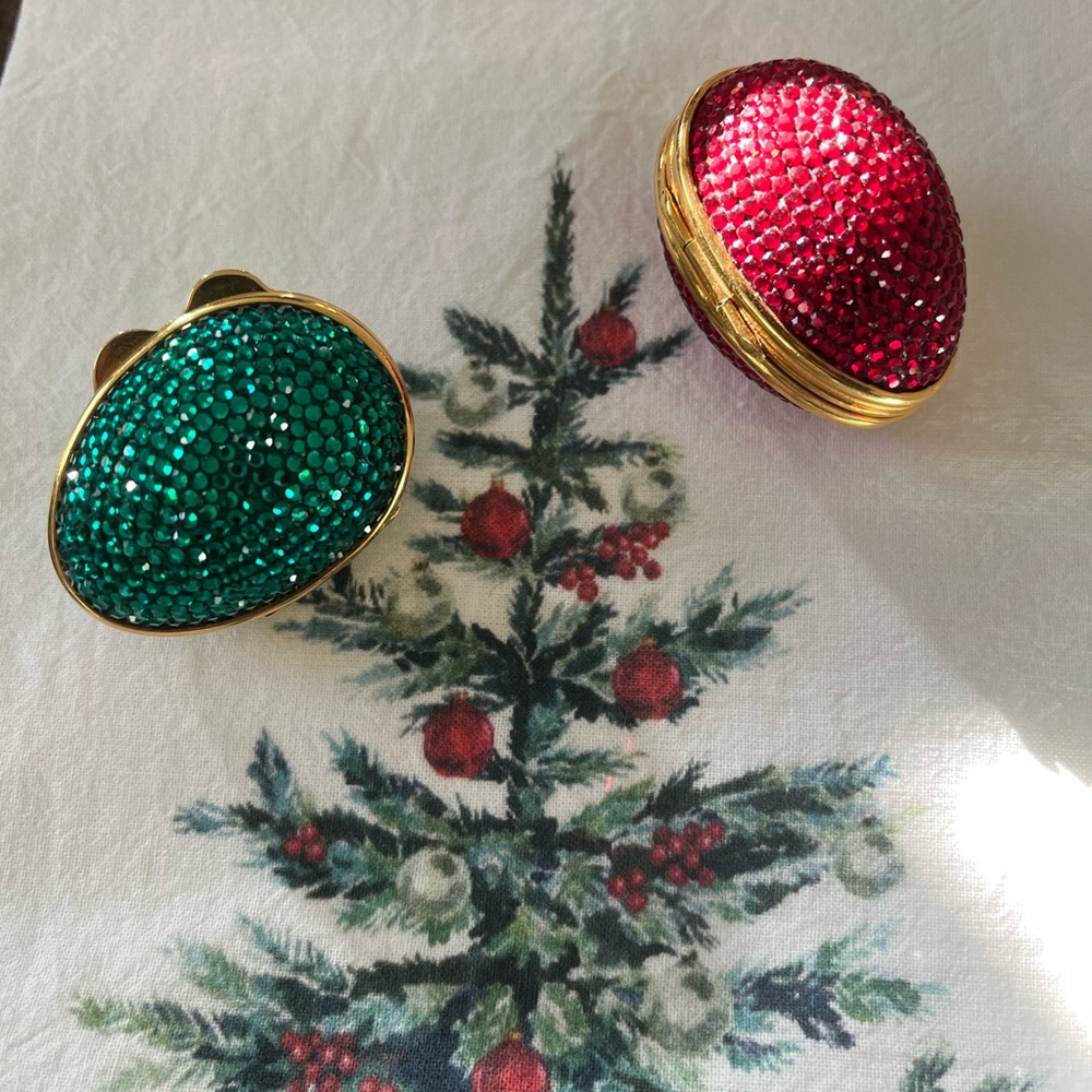Judith Lieber Christmas pillboxes with Swarovski crystals.